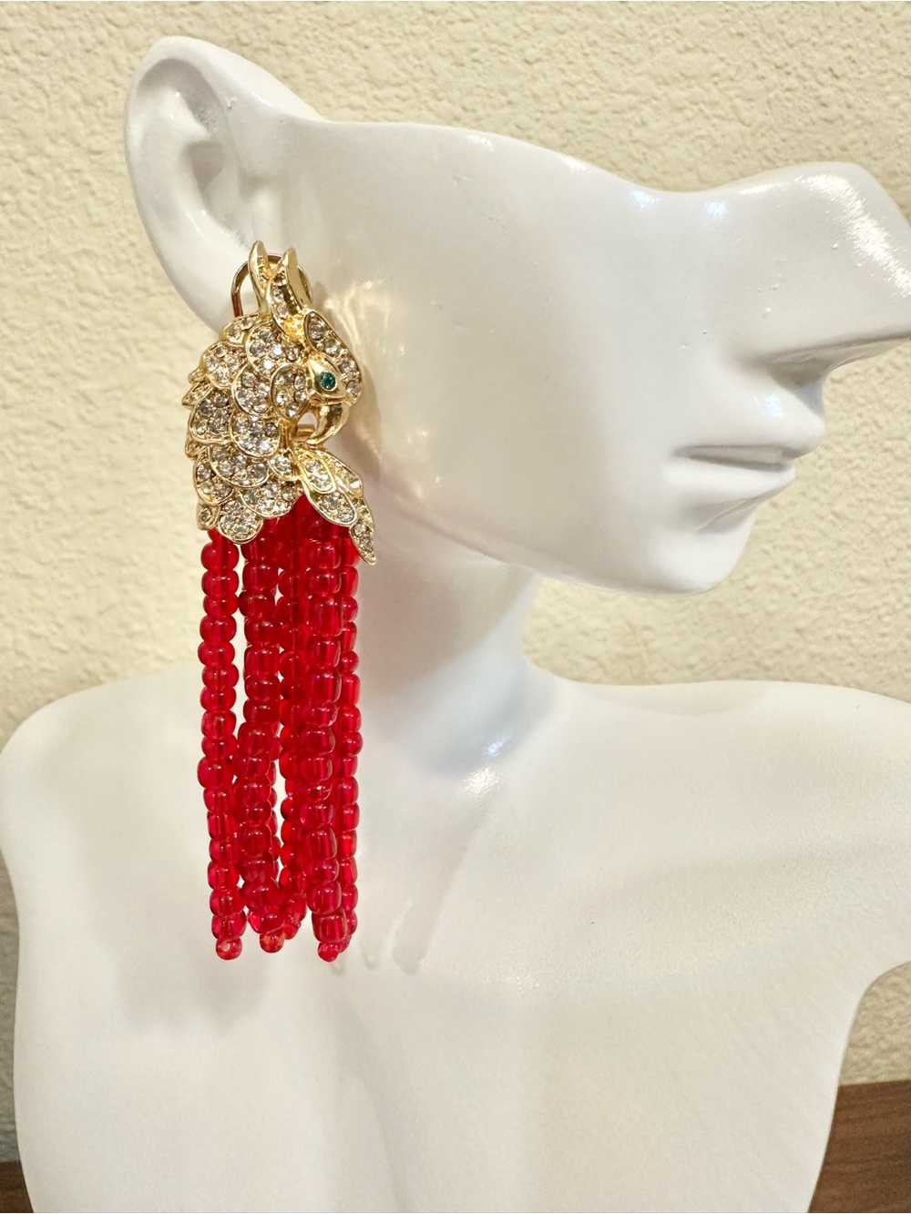 18k Gold-Plated CZ Bird Earrings with Red Glass Beaded Tassels